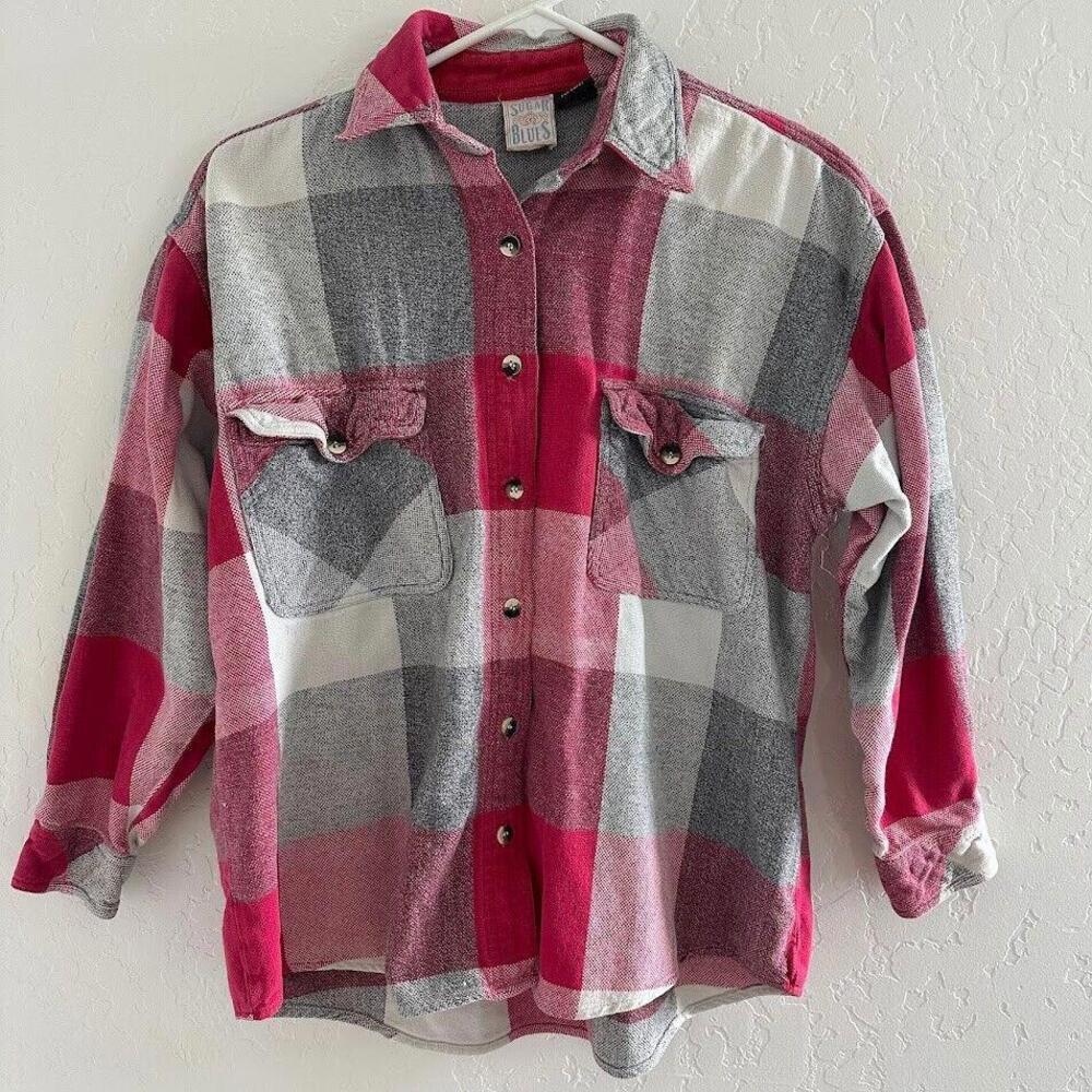 Sugar Blues Flannel Medium Women Plaid Button Up Pink‎ 100% cotton